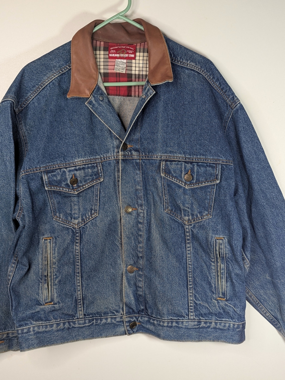 Vtg 90s Marlboro Denim Jacket Mens L Country Store Leather Trim Western Cowboy